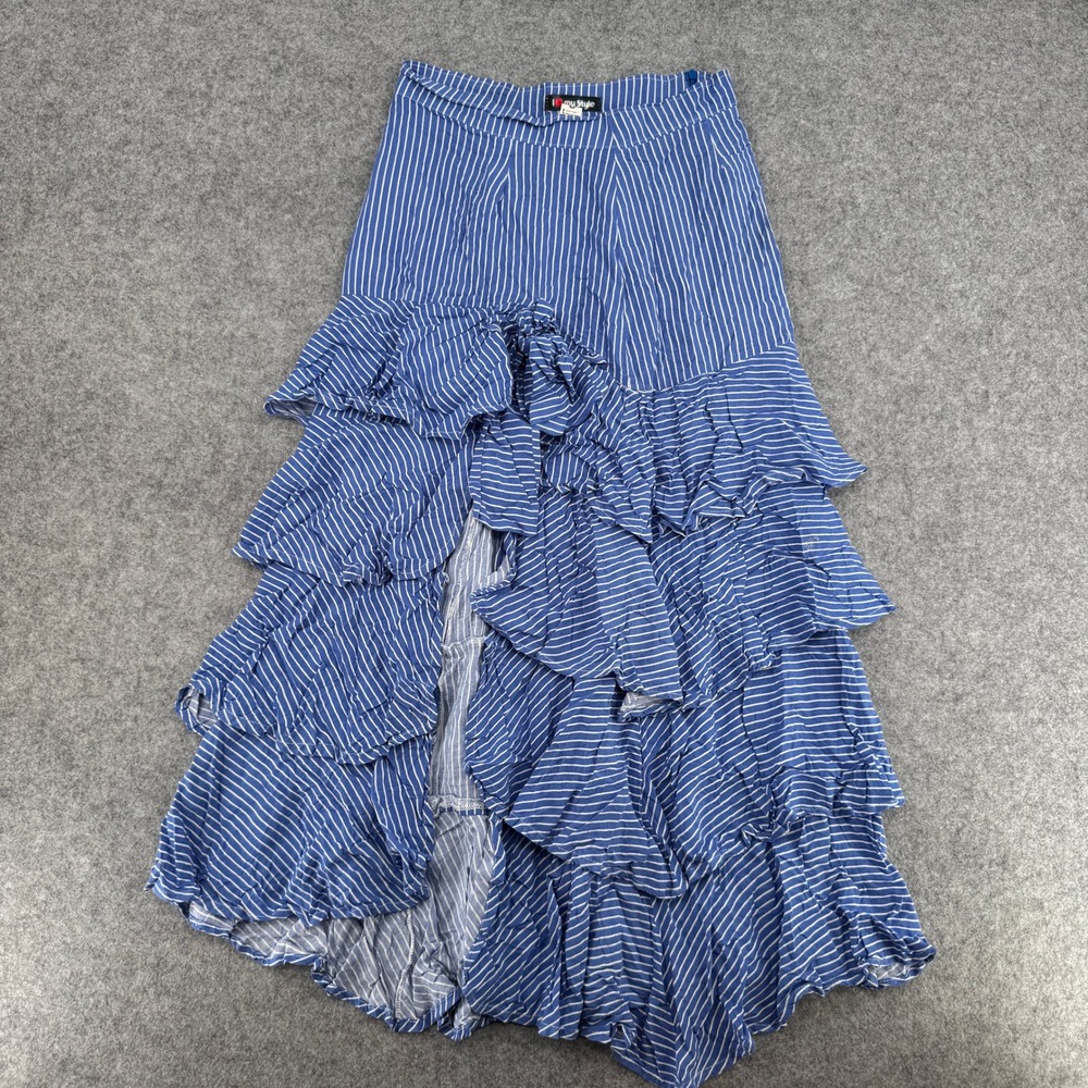 I Love My Style Skirt Womens S Tiered Ruffle Blue White Striped Maxi EUC
